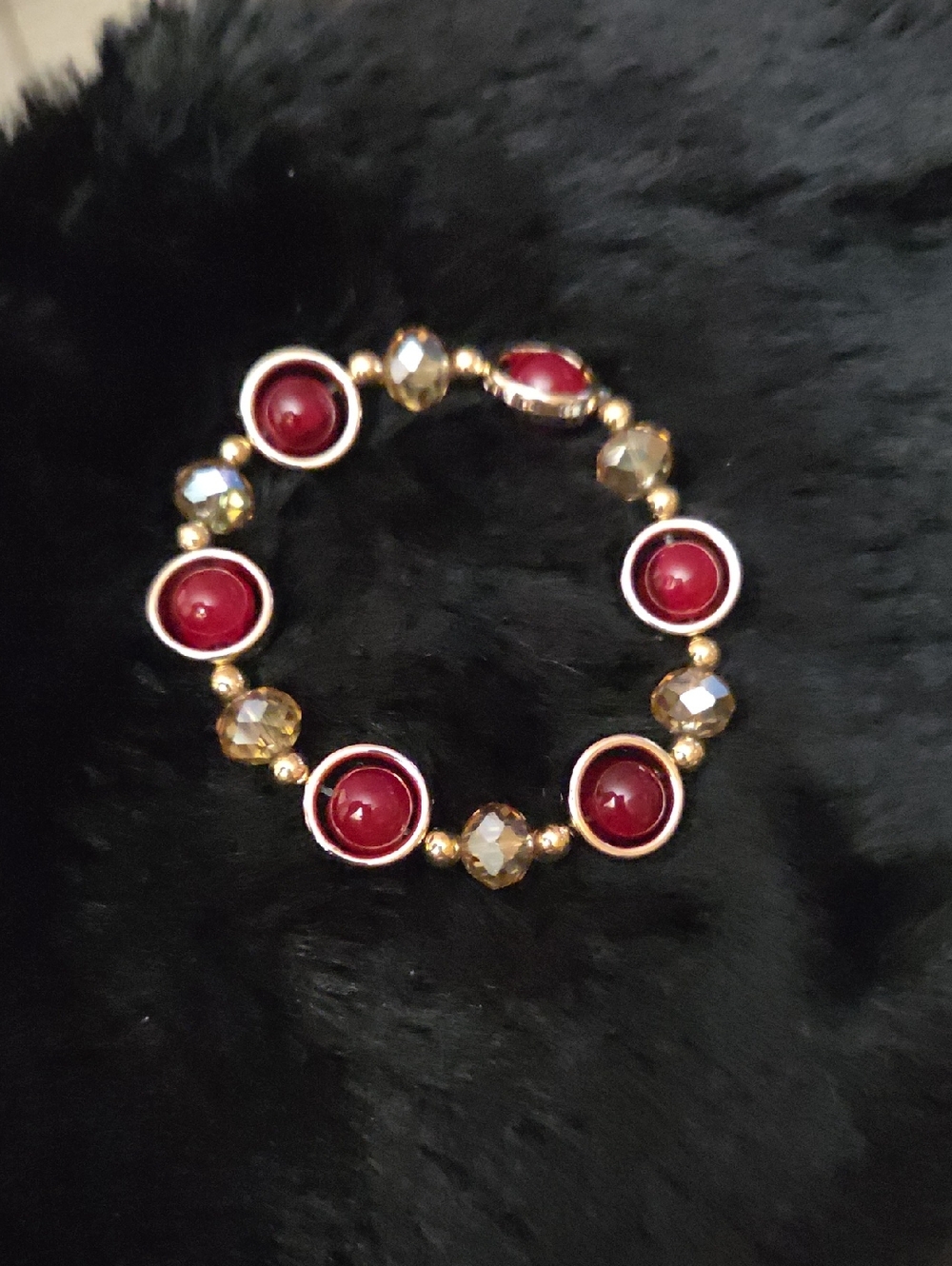 Red Beaded Stretch Bracelet with Gold Accents